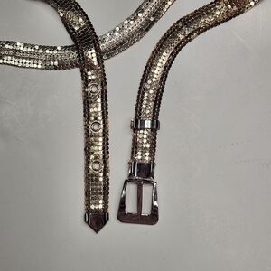 Vintage 1970s Belt Silver Tone Fish Scale Mesh Link Buckle Disco Metallic